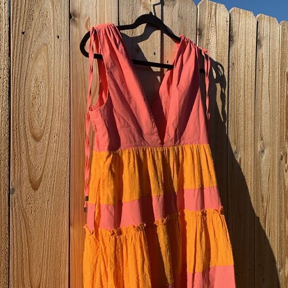 Take 50% OFF- LDT Women’s V-neck Maxi Orange and Pink Color Block Dress, Size-8 - Picture 4 of 13